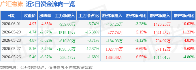 廣匯物流（600603）6月1日主力資金淨賣出959.00萬元